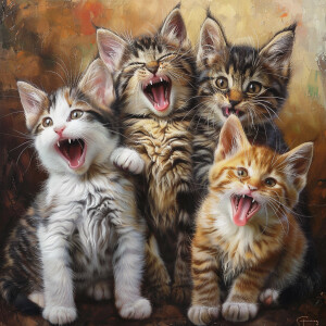 Five playful felines of varying colors are frolicking together,...