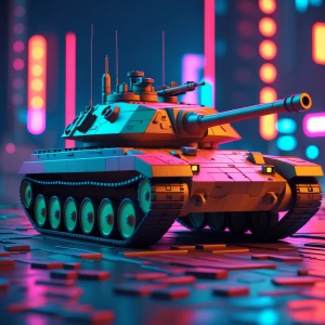 Generate an image of a tank made from different color neon puzzl...