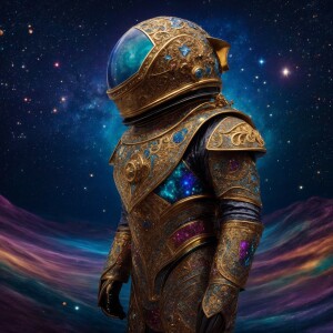 A whimsically whimsical meteorite mariner, his metallic suit ado...