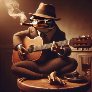 An anthropomorphic toad dressed in a vintage-style suit, donning a fedora hat, perched on a round wooden stool. It holds a lit cigar in its mouth and skillfully strums a classic acoustic guitar with its webbed fingers.