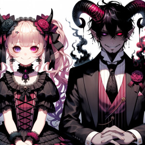 A girl named lilith with elegant gothic lolita dress sit beside Handsome Lucifer with Black Horn, Msyterious Aura of Black Red Purple, Lilith and Lucifer evil smirk, glowing eyes