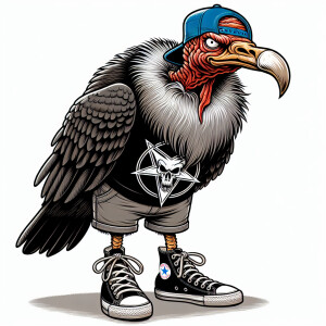 Cartoonish turkey Vulture with a long  grey beard, wearing a bla...
