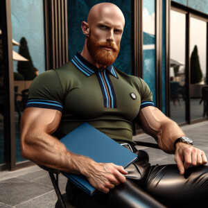 Depict a strong and confident bald bodybuilder with a bold ginge...