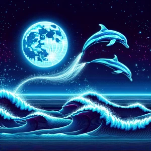 Neon Blue dolphins jump through [pixalated wave] under a [pixala...
