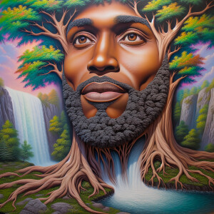 A hyper-realistic 3-D oil painting depicting a tree integrated w...