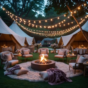Create a sophisticated glamping party setup nestled in a captiva...