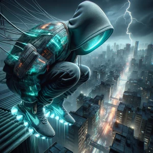 'The Signal Hacker' — a cyberpunk rebel in a hooded nano-fiber j...