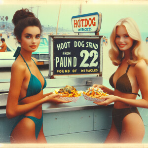 Create a faded color film photograph from 1971 of two gorgeous 2...