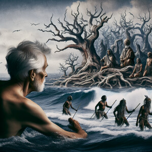 A gray-haired fisherman swam to an island on which old withered...