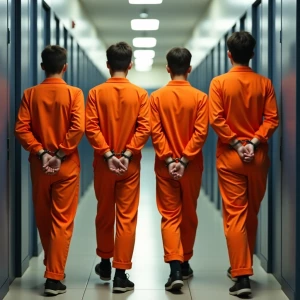 4 Caucasian male teenagers, wearing orange jumpsuits, walk in li...