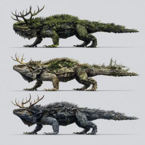 Create an image of massive forest lizards, each the size of a sm...
