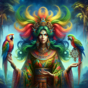 A divine figure embodying a Parrot Goddess, with hair cascading...