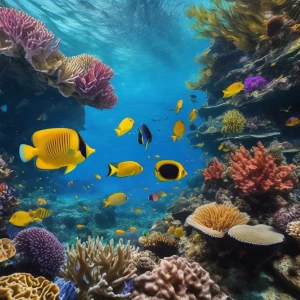 A vibrant tropical fish swimming past a coral reef.