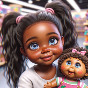 Create a 3-D realistic image of an African-American little girl above the age of five she has huge, blue eyes and thick long ponytails.
She is in a toy store and she is playing with her favorite african-American Cabbage Patch doll , the doll has deep, dimples and freckles