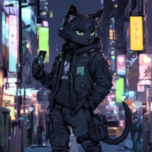 A humanoid cat character stands in a bustling cityscape at night...