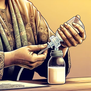 Educational lactation image, hands expressing milk