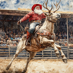 A hyperrealistic watercolour illustration of a reindeer rodeo. S...