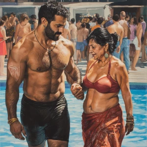 realism  style art,a sweaty beefy muscular man walking with his...