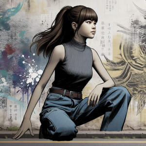 Very thin Athletic Thin skinny Attractive, Asian teenage girl, long brown hair and bangs, wearing tight skinny jeans and a halter top paint marks on her clothing, sitting side view heroic pose Asian graffiti