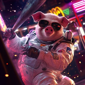 A cartoonishly realistic pig in a vintage white NASA-style space...