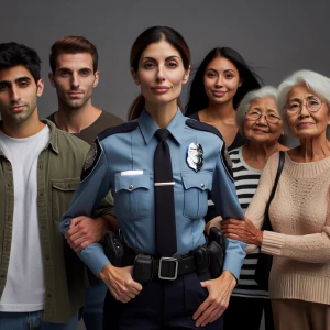 A commandingly poised female police officer confidently guiding...