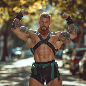 In this image, a muscular man is posing on an outdoor street, fl...