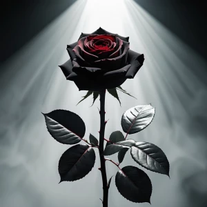 A black rose with dark red blood on it under a spotlight on stag...