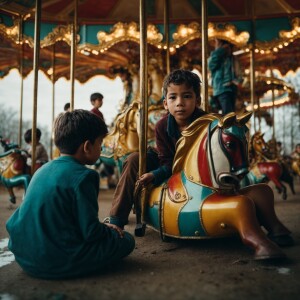 An abandoned children's carousel. A boy is sitting unconscious o...