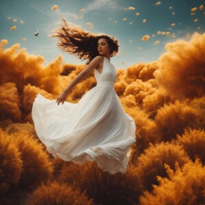 Girl white dress flying falling