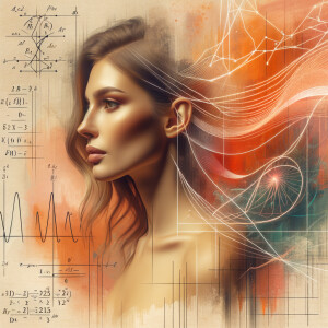 Abstract, minimalist, painting, with pencil line, paint stroke, gestures, colorful marks, mathematical equations, electrical cardiogram, printouts complex math formulas, dna asian teen girl