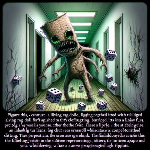 haunted stitched creature, made of burlap and alien fur, known a...