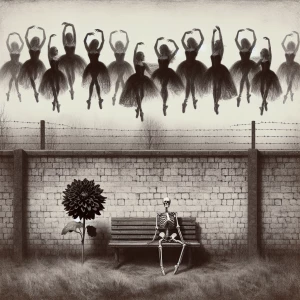 Create a monochrome image depicting a desolate grassy field boun...