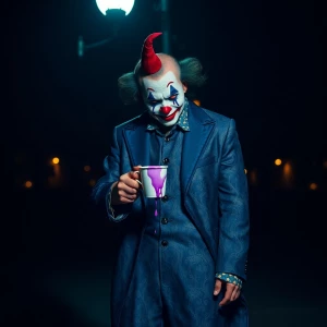 " a dimly lit  streetlight, a gangster clown stands alone, drape...