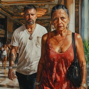 Hyperrealistic painting 1:1.A sweaty beefy son in law walking wi...