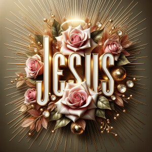 Create an elegant and celebratory image that radiates warmth and grace. At the forefront, craft the word "JESUS" in bold, 3D lettering with a luxurious mix of metallic sheen and white enamel, giving it a raised, tangible feel. Surround the text with a bouquet of beautifully rendered soft pink roses in full bloom, exuding a sense of peace and love. Include accents of gold leaf and small, radiant gemstones that gently scatter light. The backdrop should feature a radiant halo of golden rays emanating outward, enhancing the composition's divine atmosphere. The overall design should convey a sense of reverence and the beauty of faith, all harmoniously balanced and rich in texture.