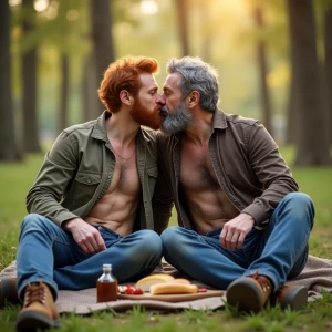 Generate an image depicting two realistic men having a picnic in...