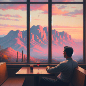 A man is seated at a table by a large picture window, gazing out...