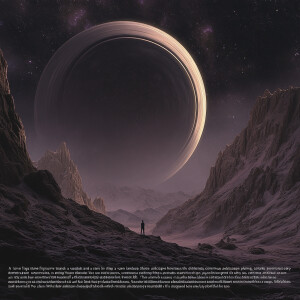 "A lone figure stands on a rugged, alien landscape beneath a vas...