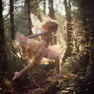 A full body image of light haired ginger fairy flouncing through...