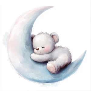 A cute, cartoon teddybear lies on a stylized, rosy-pink crescent moon. The teddy bear is light gray with large, round, pink-spotted ears.  Its body is round and he has expressive eyes.  its facial expression is happy and friendly. The teddy bears leg and foot are visible, and its posture is relaxed, lying down in the curve of the moon. it's stomach is lying down on the moon with left arm and leg showing hanging down. The moon is a soft, shaded blue, with watercolor-like texture and subtle shading. The background is white. The image is in a child-friendly style, showcasing delicate line work and color palettes. The composition is centered on the teddy bear which is positioned lying slumped face down on  the moon, giving the moon a hug with closed eyes. The overall style is sweet, whimsical, and reminiscent of children's book illustrations.  The colors are pastel and soothing, creating a gentle atmosphere.