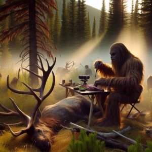 A humanoid looking hair covered sasquatch eating an elk