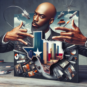 Create a cutting-edge album cover showcasing a bald African Amer...