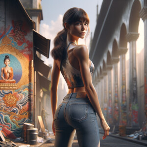 Athletic Thin skinny Attractive, Asian teenage girl, long brown hair and bangs, wearing tight skinny jeans and a halter top paint marks on her clothing, heroic pose Asian graffiti background,  backside view