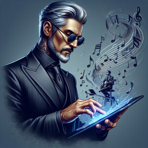 Musician with silver hair and goatee, wearing black round glasse...