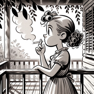 Woman with pigtails,  nude smoking a cigarette on the porch.