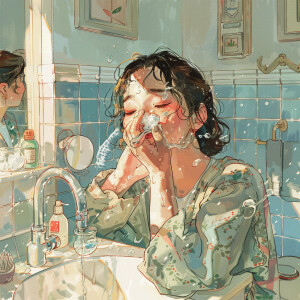 Me in bathroom washing my face and brushing teeth