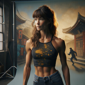 Athletic Thin skinny Attractive, Asian teenage girl, long brown hair and bangs, wearing tight skinny jeans and a halter top paint marks on her clothing, heroic pose Asian graffiti background, side view