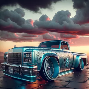 A lowrider truck with  sky blue gelatinous paint and rims, gelat...