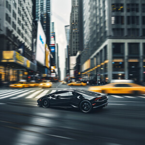 A sleek Lamborghini speeding through the bustling streets of New...