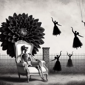 A skeleton with a large black dahlia for a head is sitting on an...